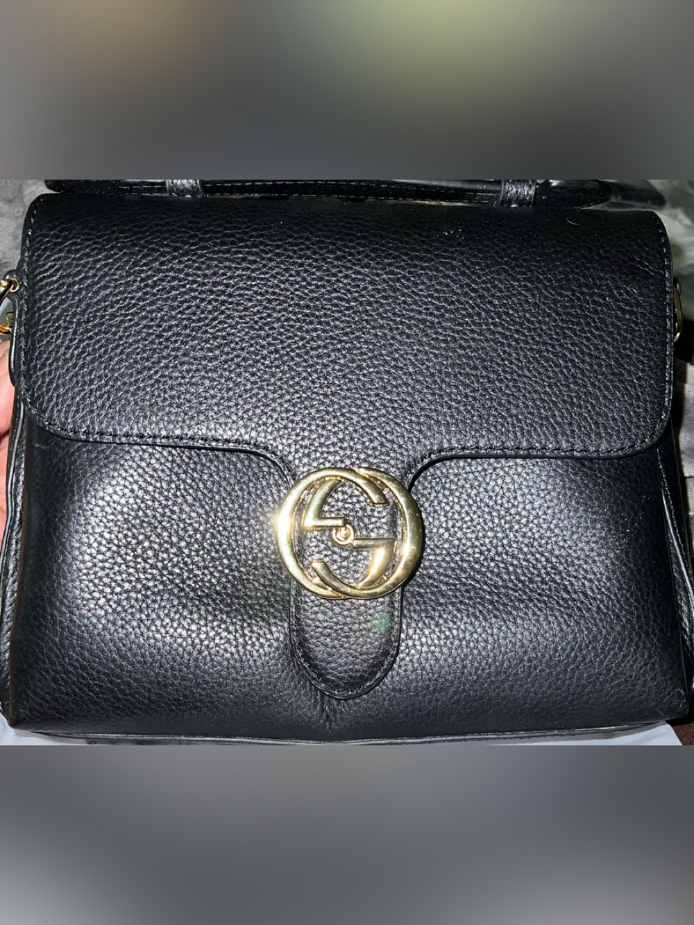 Black Leather Shoulder Bag with Gold Double-G Emblem